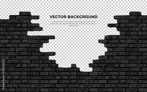 Realistic Vector broken old brick wall horizontal transparent background. Hole in flat black wall texture. Ancient stone wall. Dark textured brickwork for print, design, decor, background, wallpaper
