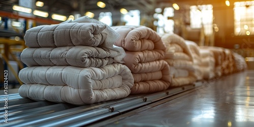 A stack of neatly folded plush cotton products in a manufacturing factory.