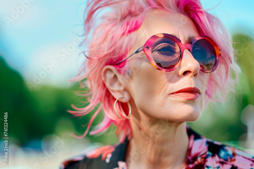 Portrait of beautiful senior woman with pink hair, wearing trendy sunglasses