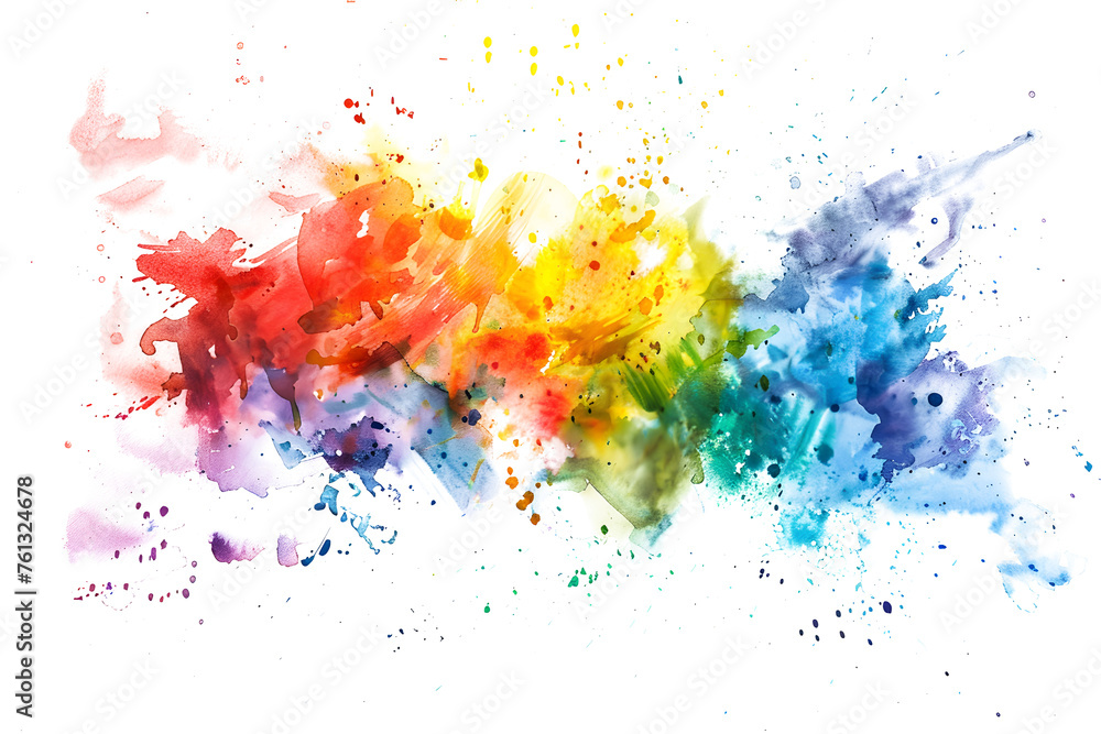 Vibrant rainbow watercolor splatter explosion on white background.