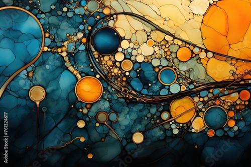 Digital art of interconnected biomorphic shapes in cool blue and amber tones