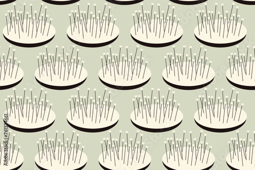 Dark grey beige white pincushion with pins with hearts on vintage soft pastel sage gray