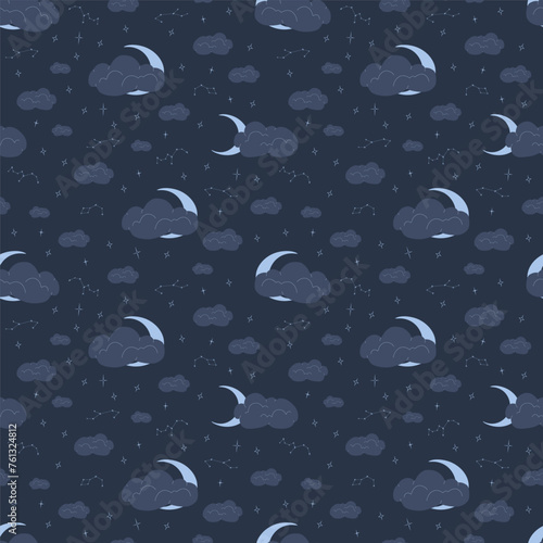 Cute cartoon Bohemian nursery pattern. Boho vector print for wall decor in children's bedroom. Seamless pattern with cartoon sky, clouds, planet, crescent moon, stars on dark background.