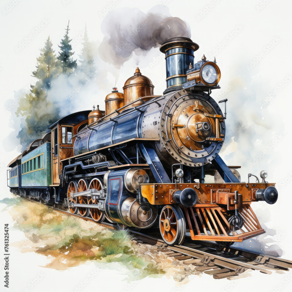 Fototapeta premium Watercolor Seamless STEAM TRAIN Illustration, Generative Ai
