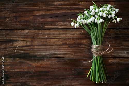 A vibrant  close-up image of a bouquet of snowdrops  bound with a simple twine  set against a dark walnut wood background.