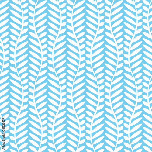 Seamless floral pattern with stylized vertical wavy branches with small white leaves on a light blue background. Abstract geometric design. Vector illustration. 