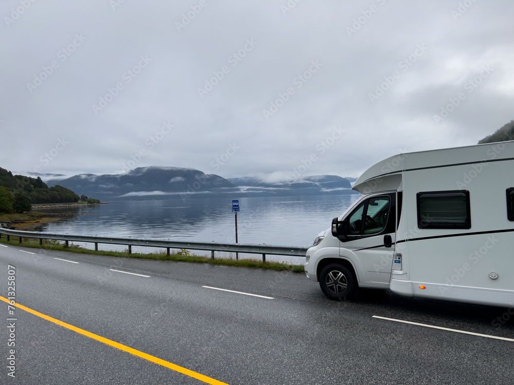 Motorhome camper in Bergen to Alesund road, south Norway. Europe Motorhome camper in Bergen to Alesund road, south Norway. Europe