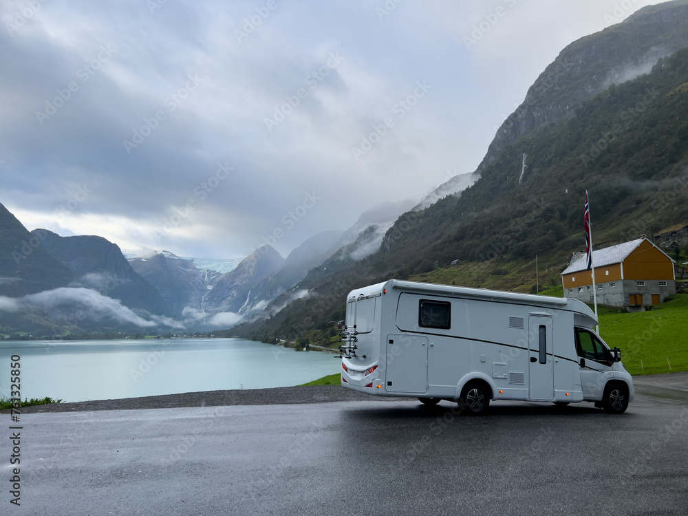 Motorhome camper in Briksdal glacier valley in south Norway. Europe Motorhome camper in Briksdal glacier valley in south Norway. Europe