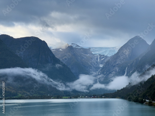 Autumn landscape in Briksdalbreen glacier valley in South Norway  Europe.
