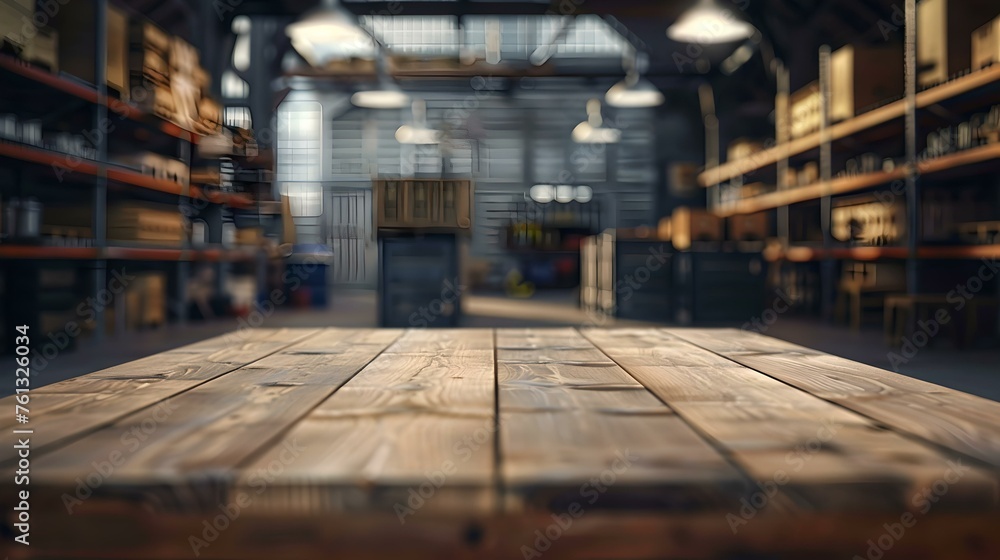 Empty wooden table with blurred warehouse background. industrial interior, storage concept with copy space for advertising. clear tabletop for product display. AI