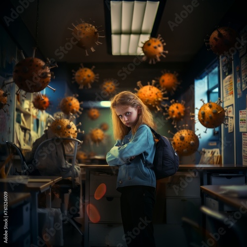 Vibrant and educational images capture the intersection of viruses, children, and the school environment. These dynamic visuals convey the importance of health and safety in educational setti (ID: 761326009)