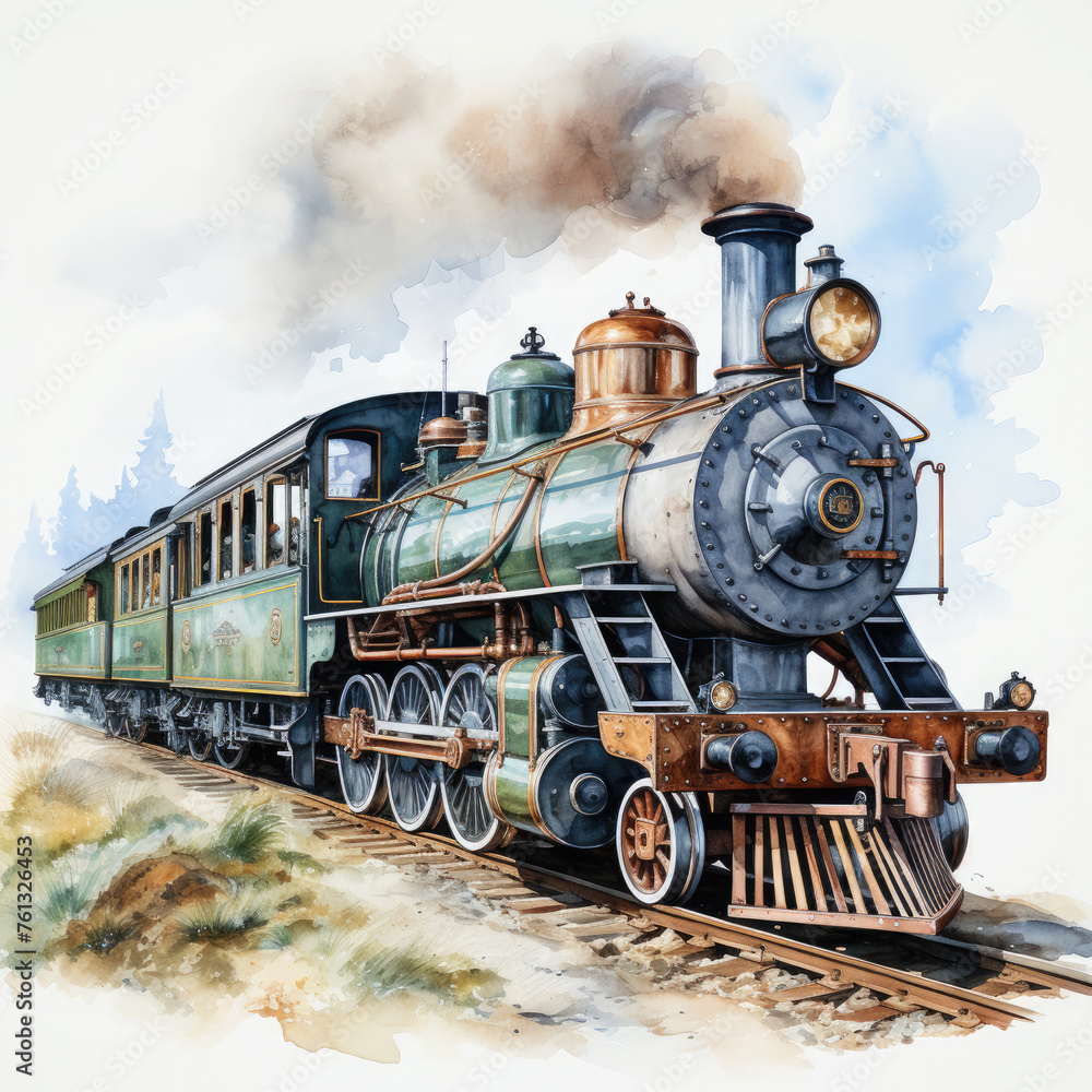 Fototapeta premium Watercolor Seamless STEAM TRAIN Illustration, Generative Ai