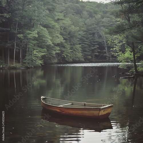 A solitary rowboat bobs gently on the surface of a serene lake, surrounded by the tranquility of nature