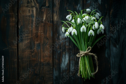 A vibrant  close-up image of a bouquet of snowdrops  bound with a simple twine  set against a dark walnut wood background.