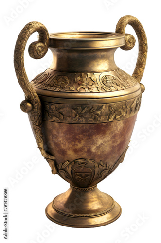 A golden antique vase. Beautiful old amphor from the museum on the transparent background. 