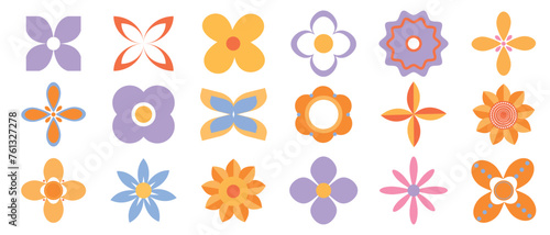 Set of abstract vector retro geometric daisy shapes. Collection of modern figures, flowers, plants, snowflakes. Memphis design element suitable for design of banners, prints, stickers, decoration.