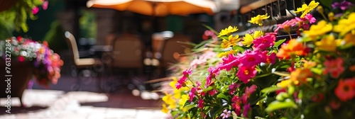 A sun-drenched summer terrace adorned with vibrant flowers  inviting relaxation and outdoor dining