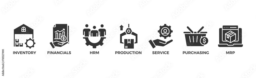 ERP banner web icon vector illustration concept for enterprise resource planning with icon of inventory, financials, hrm, production, service, purchasing, and mrp ERP banner web icon vector illustration concept for enterprise resource planning with icon of inventory, financials, hrm, production, service, purchasing, and mrp