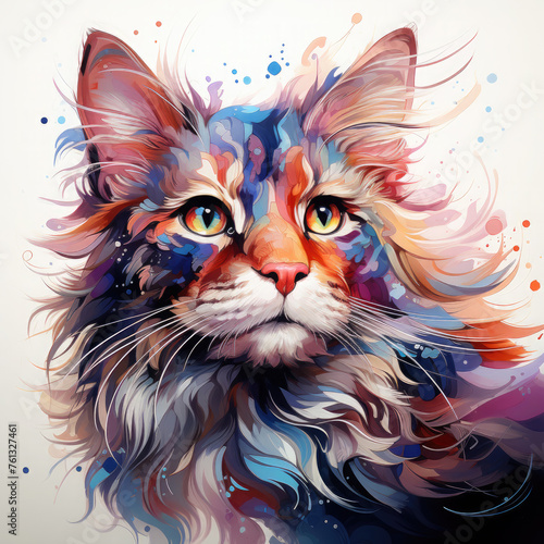 Watercolor Celestial Cat Illustration, Generative Ai © Artist