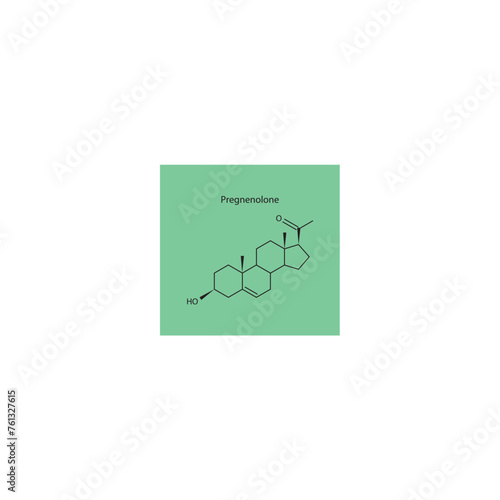 Pregnenolone skeletal structure diagram.Progesterone hormone compound molecule scientific illustration on green background.
