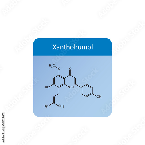 Xanthohumol skeletal structure diagram.prenylated flavonoid compound molecule scientific illustration on blue background.
