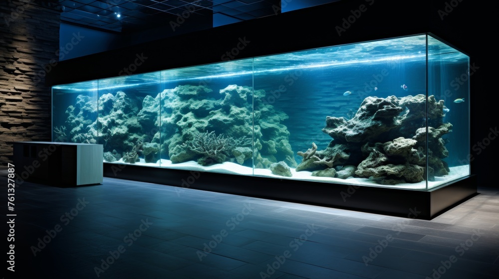Minimalistic interior design with a large wall aquarium as a prominent feature in a home living room