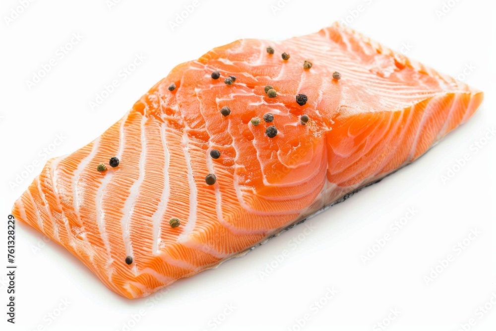 One salmon fillet close-up. isolated on white background. no shadows