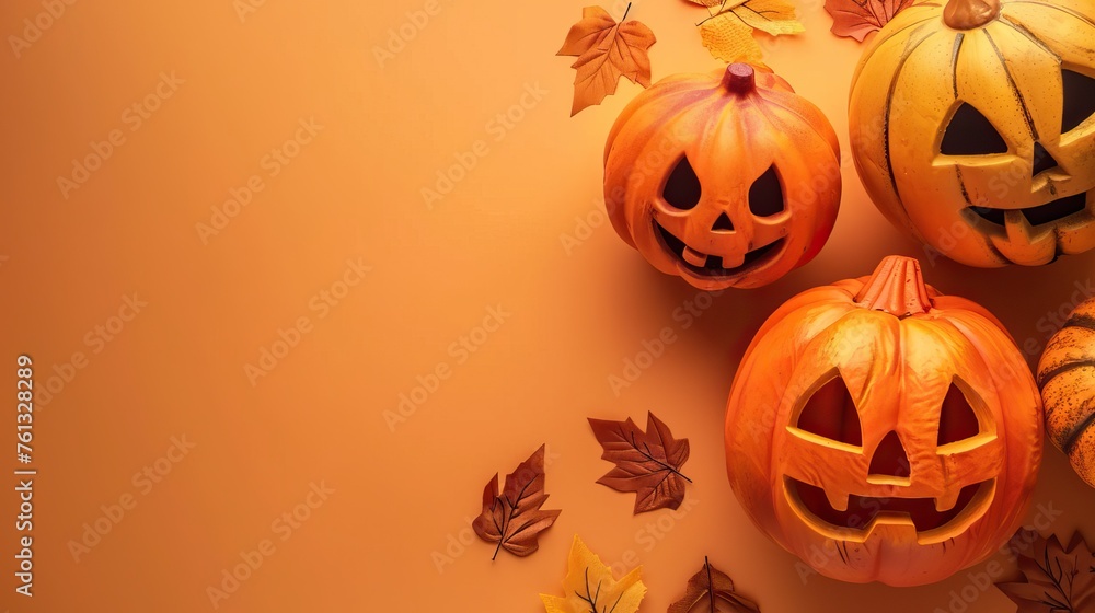 Halloween background with pumpkin. Happy Halloween. Halloween photo with pumpkins. Conceptual composition of an autumn holiday with autumn flowers, leaves on a gentle background.