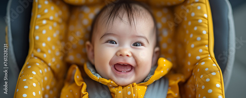 Little asian baby girl in safe car seat. Shallow depth of field.