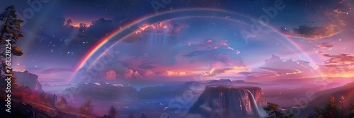 A vibrant rainbow arcs across the sky  bringing color and joy to a stormy landscape.
