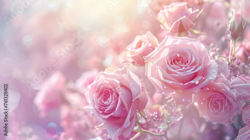 Summer blossoming delicate roses on bokeh background. Pastel and soft floral card. Copy space.