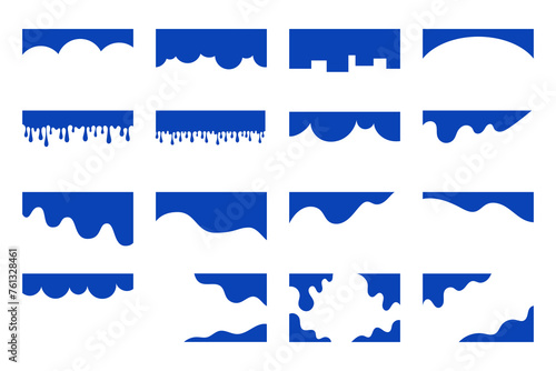 Set of blue separators shapes and frame for website. Curve Lines, Drops, Wave and triangular dividers for Top or Bottom Page. Frame of header