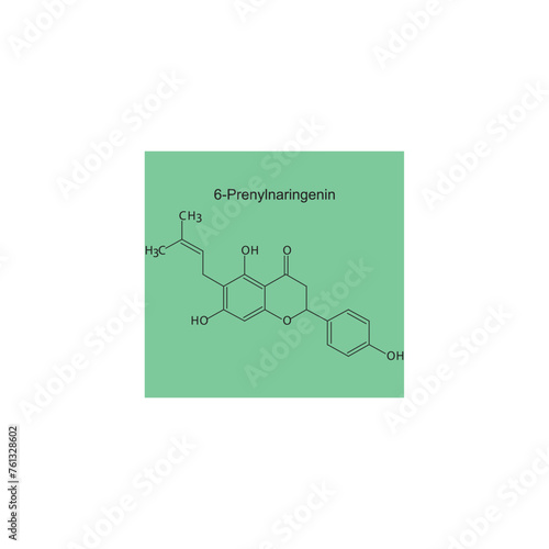 6-Prenylnaringenin skeletal structure diagram.prenylated flavonoid compound molecule scientific illustration on green background.
