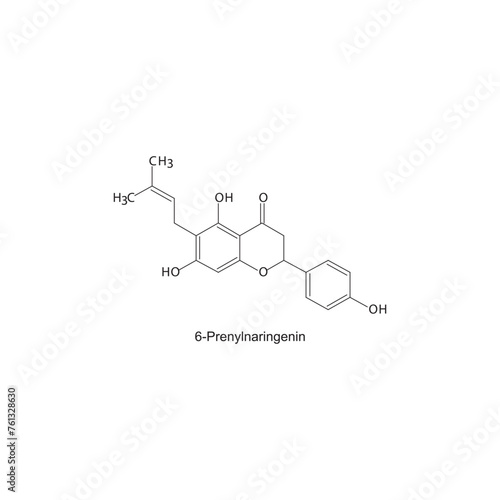 6-Prenylnaringenin skeletal structure diagram.prenylated flavonoid compound molecule scientific illustration on white background.
