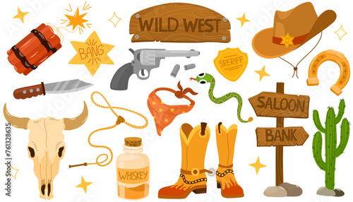 Wild west set. Flat design collection with Texas timber road sign, cowboy hat, boots, handgun, cactus, lasso, saloon signboard, cow skull, saddle. Vector hand draw illustration isolated 