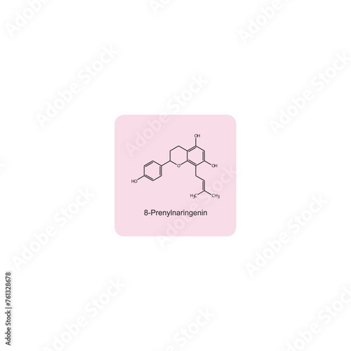 8-Prenylnaringenin skeletal structure diagram.Isoflavanone compound molecule scientific illustration on pink background.