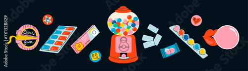 Bubble gum set. Bubblegum candies in roll, balls, pillows, sticks. Lips with pop ballon. Lips with pop ballon. Cartoon style in vibrant colors. Vector illustration.