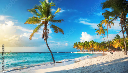 Tropical Beach in Dominican Republic: Palm Trees on Sandy Island in the Ocean © Tatiana