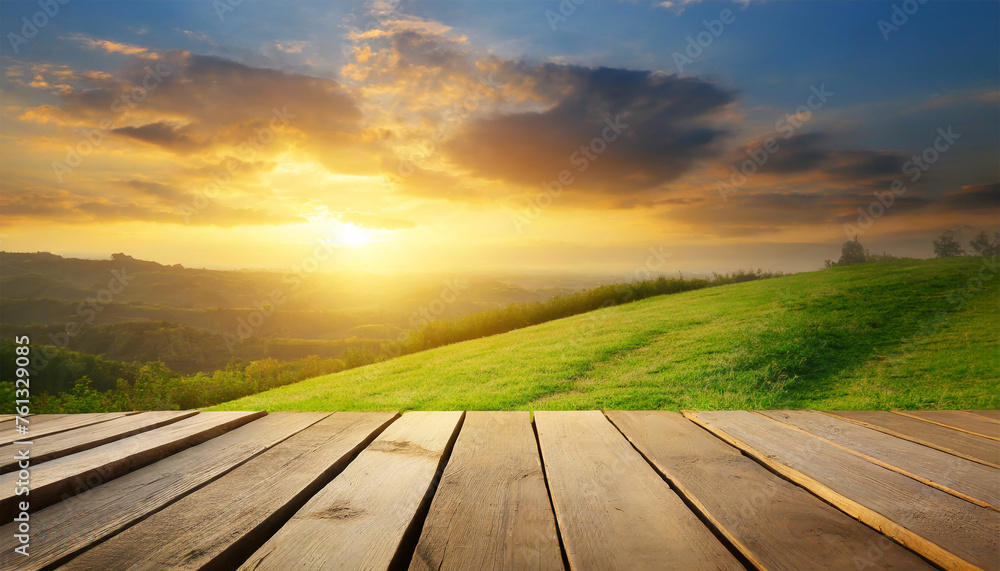 Wooden Planks and Sunset Over Grass Field Landscape Background