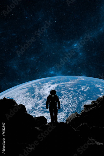 Fototapeta Naklejka Na Ścianę i Meble -  Astronaut stands on a foreign planets surface, looking towards Earth against a backdrop of stars. 3d render