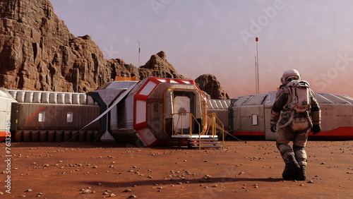 Φωτογραφία Astronaut strides towards modular space habitat on Mars, against a backdrop of towering rock formations