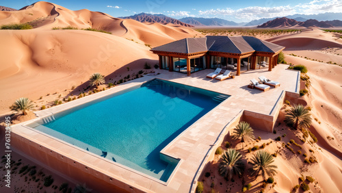 A drone shot of a luxury swimming pools in the desert, sand dunes, mountains, luxury mansion and garden, hotel, resort, architecture inspiration, architectural concept, design, modern building © aiximagination