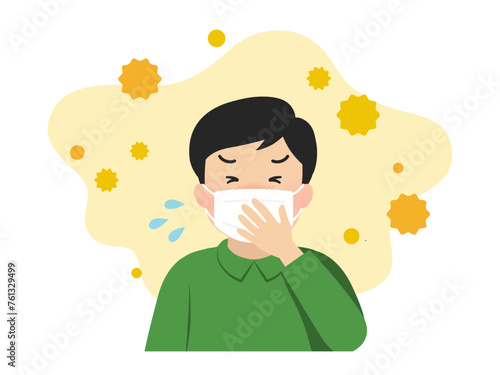 花粉症の症状が辛い男性（マスクあり）_ベクターイラスト