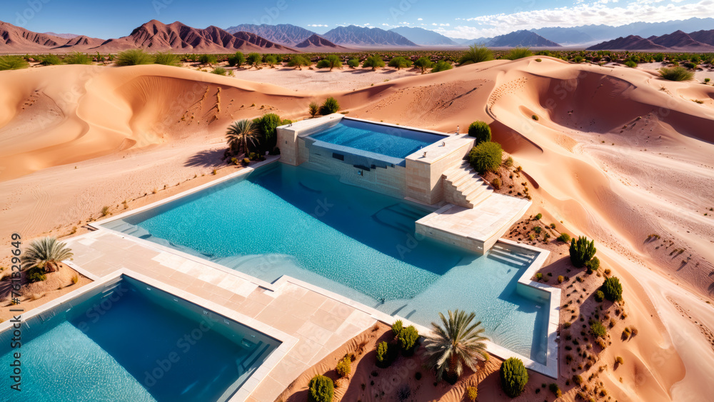 Fototapeta premium A drone shot of a luxury swimming pools in the desert, sand dunes, mountains, luxury mansion and garden, hotel, resort, architecture inspiration, architectural concept, design, modern building