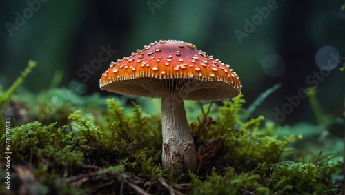 macro photo of little mushroom growing on the ground. Green forest background