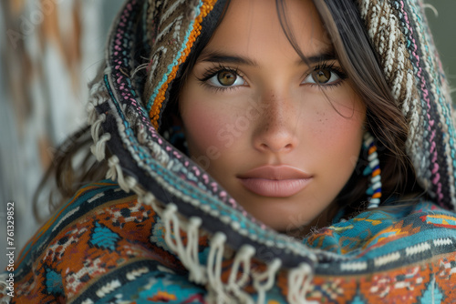 Native American woman wearing a scarf around her head photo