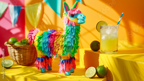 A lively and vibrant setting with a colorful llama pinata and a chilled margarita with a salted rim, accompanied by fresh limes on a sunny yellow