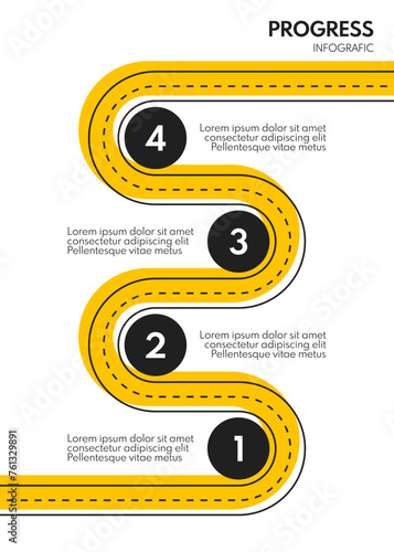 4 steps business infographics. Yellow and black road style timeline. Modern presentation or report template.
