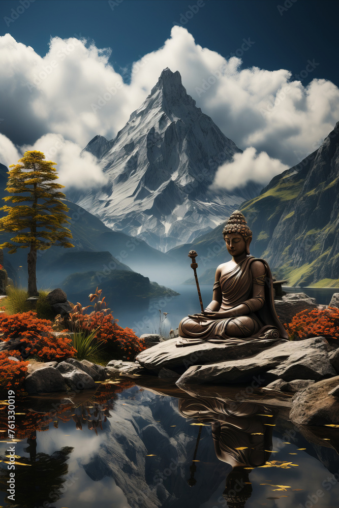 Serene scene with Buddha statue symbolising the moment of meditation in picturesque secluded location.