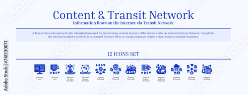 Content and Transit Network, Content Delivery Network, Icon Set, Blue, Solid Icons